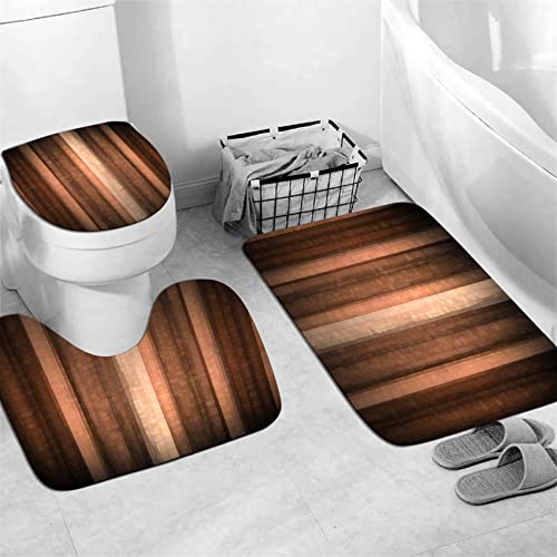 4 Pcs Brown Striped Shower Curtain Set Orange Copper Abstract Fall Bathroom Sets With Shower Curtain And Rugs Vintage Bronze Bathroom Decor Glass Texture Shower Curtains With Rugs And Toilet Lid Cover #TOP4