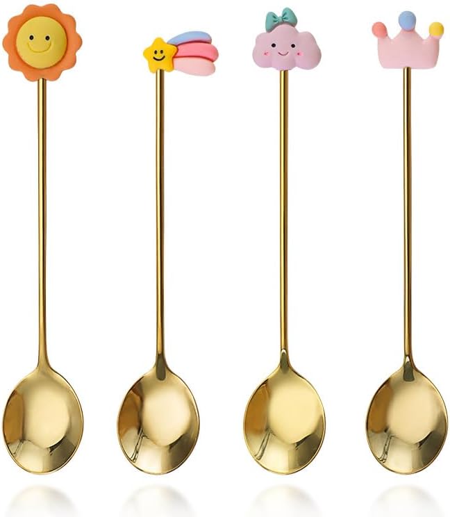 Silverware Flatware Set, 4/16/24/32 Piece 304 Stainless Steel Ice Cream Dessert Spoon Cute Cartoon Stirring Coffee Spoon with Box (Color : Gold, Size : 4Set-16Pcs)