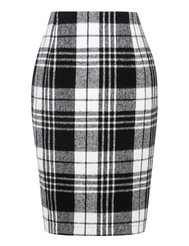 Kinghua Damen-Bleistiftrock aus Wolle, kariert, für Herbst und Winter, hohe Taille, Schlitz, figurbetont, Knielang, Midirock, Schwarz Weiß, Mittel