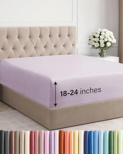 Image of Extra Deep Cal King Fitted Sheet - Single Fitted Sheet - Light Lavender | Easily Fits 18 inch to 24 inch Mattress, Soft, Wrinkle Free, Breathable & Comfy, Extra Deep Pockets Hotel Luxury Fitted Sheet