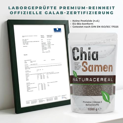 Chia Samen 1 kg – Naturacereal – aus Paraguay, in Deutschland verpackt – vegan & glutenfrei – mit Omega-3 & Omega-6, Ballaststoffen & Protein – für Müsli, Smoothies, Chia-Pudding & Backen