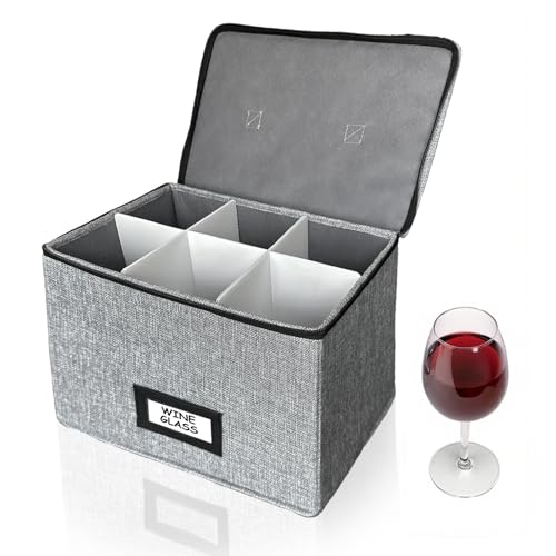 HURZMORO Wine Glass Storage Box with Dividers, Holds 6 Red or White Wine Glasses, Hard Top and Sides,6 Compartment Stemware Storage Container, Grey