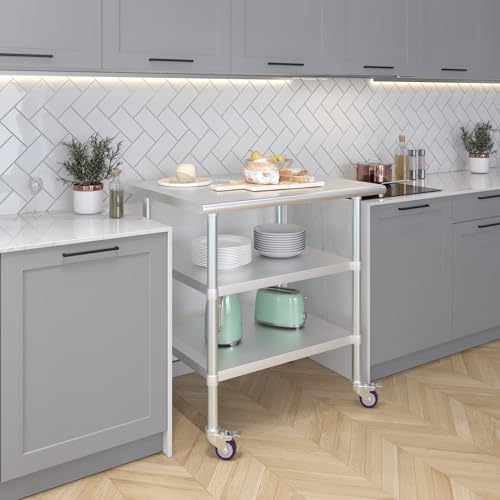 Image of AmGood Stainless Steel Work Table with 2 Shelves and Casters | Metal Utility Table On Wheels (Stainless Steel Work Table with 2 Shelves + Casters, 36 inch Long x 30 inch Deep)