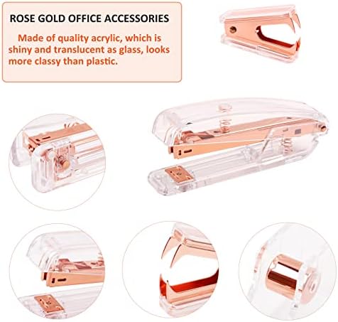 Rose Gold Office Supplies and Accessories, DaizySight Cute Desk Decor Set for Women, with Stapler, Tape Dispenser, Stapler Removers, Iron Tower Scissors, Aesthetic School Supplies for Girls