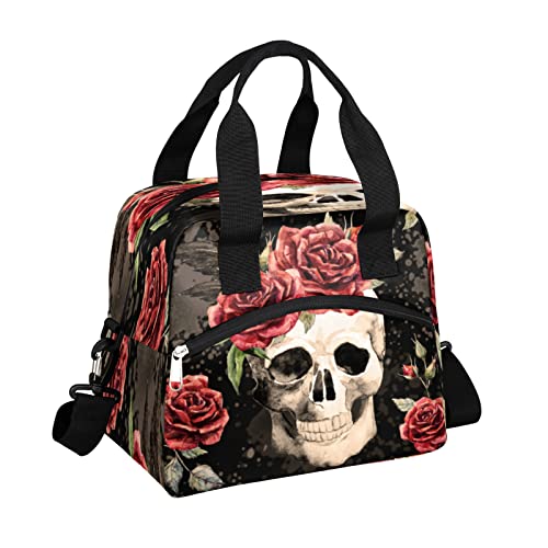 Gothic Sugar Skull Red Rose Lunch Bag Adjustable Shoulder Strap Cooler Bag Reusable Zipper Insulated Lunch Tote Bag for Work Picnic Camping School