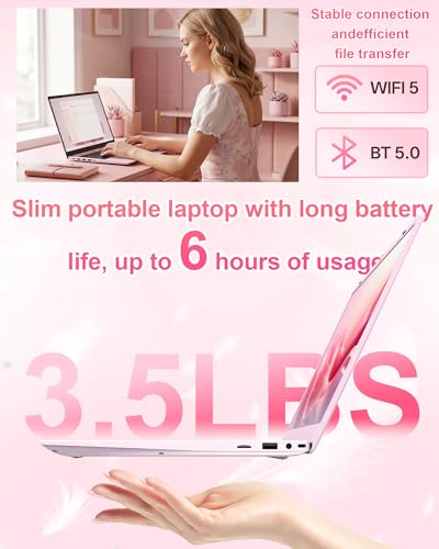Image of 15.6 Inch Pink Laptop Computer, 12GB RAM 256GB SSD, FHD IPS Display, Pentium Gold 6500Y, Lightweight Student Laptop for School, Work & Everyday Use, Portable Laptop with USB-C HDMI WiFi
