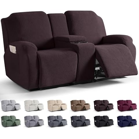 KinCam Loveseat Recliner Covers with Middle Console Slipcover, Recliner Sofa Covers 2 Seat Couch Cover Stripe Jacquard Furniture Protector Covers with Elastic Bottom for Kids, Pets (Chocolate) Cover