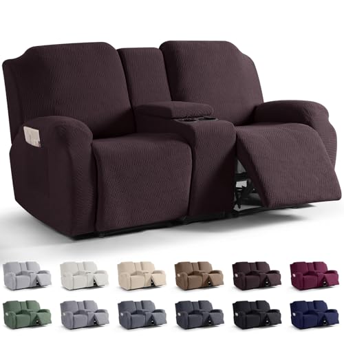 Image of KinCam Loveseat Recliner Covers with Middle Console Slipcover, Recliner Sofa Covers 2 Seat Couch Cover Stripe Jacquard Furniture Protector Covers with Elastic Bottom for Kids, Pets (Dark Coffee)
