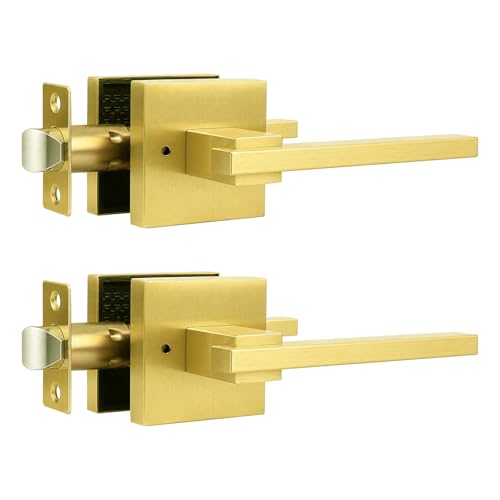 Image of Orger 2 Pack Gold Privacy Door Handles Square Keyless Door Lever, Interior Door Handle for Bathroom and Bedroom, Modern Door Handle Sets Stainless Steel