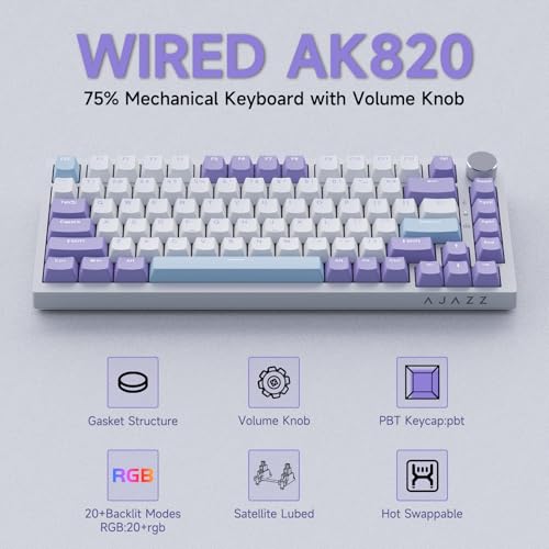Image of Ajazz AK820 TKL 75% Hot Swappable Mechanical Keyboard with Volume Knob, Gasket Mount Wired Gaming Keyboard, Pre-lubed Linear Switch, South-Facing RGB, PBT Keycaps