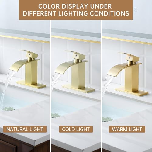 Fransiton Bathroom Faucet Bathroom taps 1 or 3 Hole Bathroom Sink Faucet Single Handle washroom Waterfall Faucet with Deck and Pop-up Drain (Light Gold, Short) by Fransiton - Used condition - Image 3