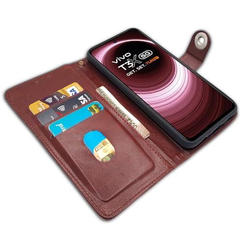 Image of Pikkme Vivo T3x 5G / Vivo Y200i 5G Flip Cover Leather Finish | Inside TPU with Card Pockets | Wallet Stand and Shock Proof | Complete Protection Button Flip Case (Brown)