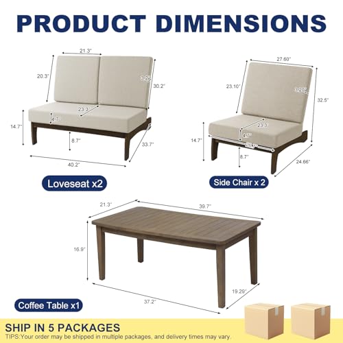 Image of Pia Ricoo 4 Piece Patio Furniture Sets, Outdoor Loveseat Sofa Set with 2 Chairs & Coffee Table, Patio Conversation Set for Backyard, Deck, Lawn, Light Camel