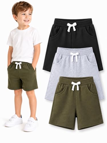 Image of HILEELANG Boys Sweat Shorts 3 Pack, French Terry Cotton Pull On Shorts with Pockets for Toddler Little Boys 2-7Y