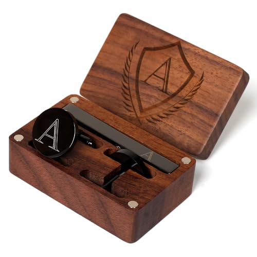 Image of Mens Initial Cufflinks and Tie Clip A-Z Alphabet Letter Black Stainless Cuff Links Tie Bar with Engraved Walnut Wood Box Groom Groomsman Wedding Set