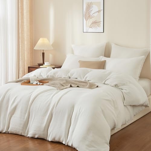 Boqingzhu Doppelte Muslin Bettwäsche 135x200 cm Weiß Baumwolle – Temperaturregulierend Atmungsaktiv Weich– Winter Sommer Bettbezug mit Reißverschluss & 1x Kissenbezug 80x80