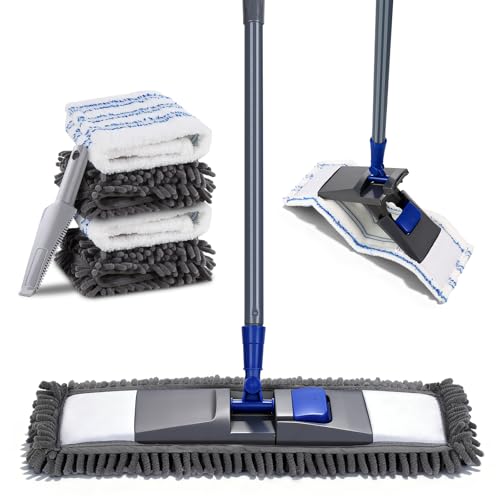 Masthome Wischmopp Set mit 4 Wischpads,Chenille Bodenwischer mit Lang Griff, Mikrofaser Flachmopp for Hardwood,Marble,Tile Reinigung,Senden 1 Schaber,Blau