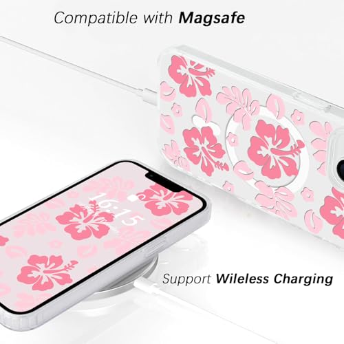 Houdqklee Magnetic Hibiscus Floral Case Cover for iPhone 16 Pro max, Cute Girly Pink Hibiscus Flower Phone Case Compatible with MagSafe, Clear Soft Slim Shockproof Protective Case for Women Girls - image 2