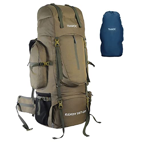 TRAWOC 80L Travel Backpack Camping Hiking Rucksack Trekking Bag with Water Proof Rain Cover/Shoe Compartment, BHK001 (Olive Green)