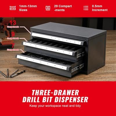 Happybuy Drill Bit Dispenser Cabinet, 3-Drawer Organizer for 1mm to 13mm, Steel Drill Bit Storage, Stackable with Labels, Workshop Organizer