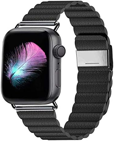 LKEITY Compatible for Apple Watch Band 44mm 42mm Color Black - Upgrade Adjustable Leather Strap with Strong Magnetic for iWatch Series 4/3/2/1