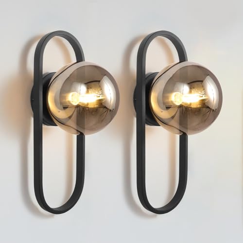 Image of Bektas Wall Sconces Set of Two,Matte Black Wall Light Sconces with Grey Globe Glass Shade for Living Room and Bedrooms ETL Listed