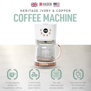 Haden Coffee Machine, 12 Cup Programmable Drip Coffee Maker with Auto Shut-Off Function and Reusable Washable Water Filter, Ivory & Copper Haden Coffee Machine 12 Cup Programmable Drip Coffee Maker with Auto Shut Off Function and Reusable Washable Water Filter Ivory Copper