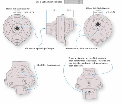 PTO RPM Reduction Gearbox, 1000 Input RPM to 540 Output RPM, 1.88 Ratio