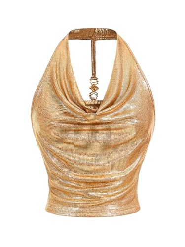 Milumia Women Metallic Halter Y2k Crop Tops Ruched Backless Cowl Neck Party Club Rave Sleeveless Shirts Gold Small
