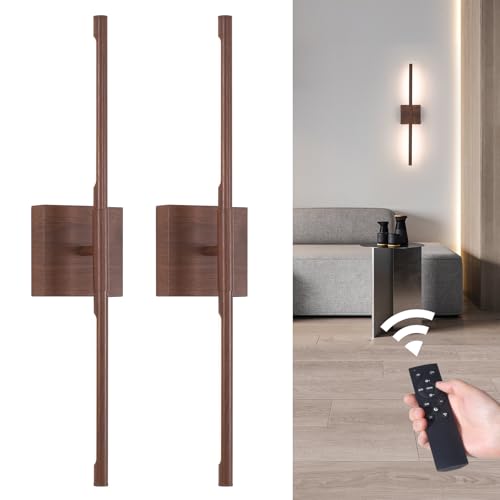 Shenmoyl Battery Operated Wall Sconce Set of 2, 8000mAh Rechargeable Wall Sconces, 3000K-6000K Dimmable, 350°Rotate, Indoor Wall Lights for Bedroom Living Room Bathroom, Black Walnut, 23.6 Inch