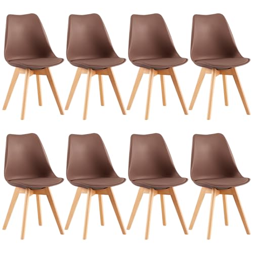 EGGREE Lot de 8 Chaise Salle à Manger Scandinaves SGS Tested Chaise Rembourrée de Cuisine,Rétro Chaise de Bureau avec Pieds en Bois de Hêtre Massif,Brun Chocolat