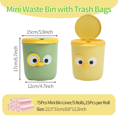 Image of Mini Trash Can, Cute Small Trash Can with Lid, Desktop Paper Bin with 5 Rolls of Bin Liners, Portable Tabletop Dustbin, Cartoon Animal Rubbish Storage for Office Bedroom Desk Car Kitchen (Green)