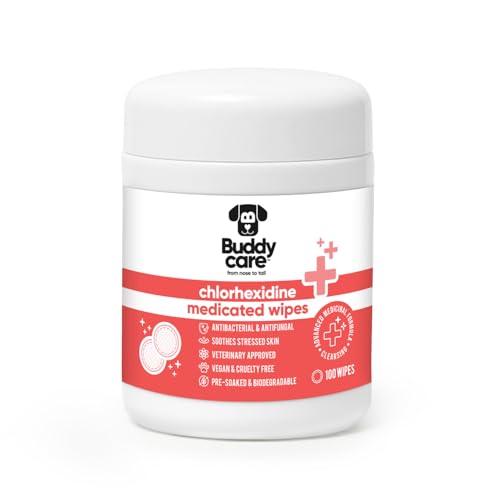 Buddycare Chlorhexidine Medicated Pet Wipes for Dogs & Cats Antibacterial & Antifungal Cleansing Wipes for Stressed & Irritated Skin Biodegradable Vet Approved Vegan