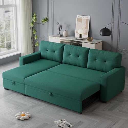 Image of Torque Lucia L Shape Sofa Cuma Bed with Storage- Green LHS | Folding Sofa Cum Bed for Living Room | L Shape 4 Seater Sofa for Guest Room Office