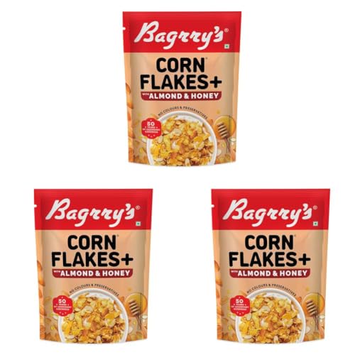 Image of Bagrry's Corn Flakes Plus With Almond And Honey, 300 gm Pouch | Goodness of Almonds, Golden Corn & Raw Honey | Source of Protein & High Fibre | All Natural Cornflakes (Pack of 3)