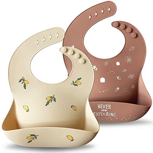 Image of Moonkie Silicone Baby Bibs Set of 2, BPA Free Waterproof Baby Bibs for Eating, Soft Adjustable Silicone Bibs for Babies 6-12 Months, Toddler Bibs with Pocket Food Catcher (Shifting Sand/Burlwood)