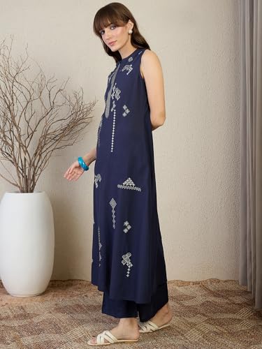 Image of INDO ERA Women's A-Line Pure Cotton Floral Embroidered Kurta & Palazzo Set | Co Ord Set For Women Stylish