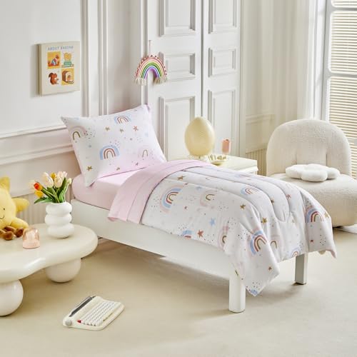 Image of Rainbow Toddler Bedding Set for Girls Light Pink Stars Dots 4PC Toddler Bed Set - Soft Blue Pink Rainbow Cute Princess Toddler Bed in a Bag with Pink Sheet Set and Pillow Shams