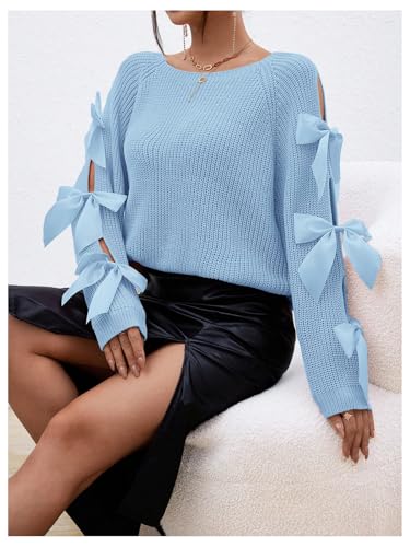 Image of Floerns Women's Cute Fall Clothes Bow Knot Cut Out Long Sleeve Ribbed Knit Pullover Sweaters Tops