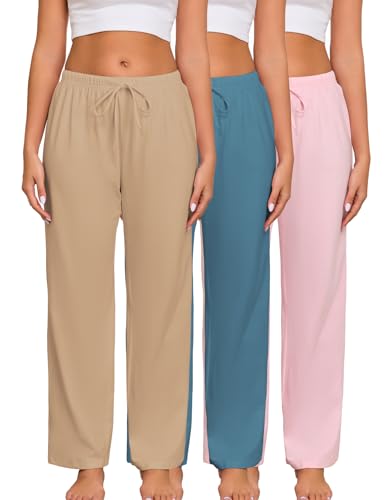 Image of Veseacky Women 100% Cotton Pajama Bottoms Comfy Soft Lounge Sleep Pants Drawstring Sleepwear 3 Pack S-XXL