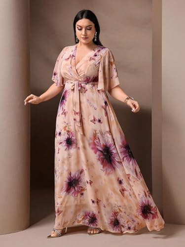 Image of Spring Summer 2024 Plus Size Womens Dresses V Neck Casual Elegant Long Sleeve Floral Print Maxi Dress