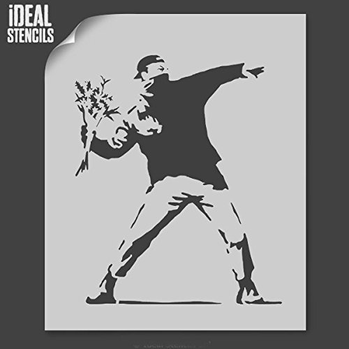 Ideal Stencils Banksy Fleur Lanceur Réplique Pochoir XXL/ 77x93cm - Mylar 190 microns - Réutilisable - Décor Maison & Art Artisanat Peinture - Semi Transparent - Banksy Flower Thrower Stencil