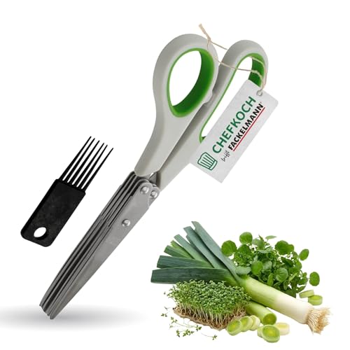 Chefkoch trifft Fackelmann Kräuterschere mit 10 scharfen Edelstahlklingen – Inkl. Bürste &...