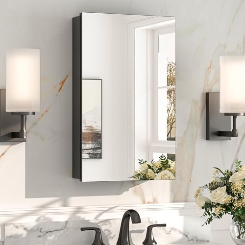 Keonjinn Black Medicine Cabinet with Mirror 14x24 Lightweight Aluminum