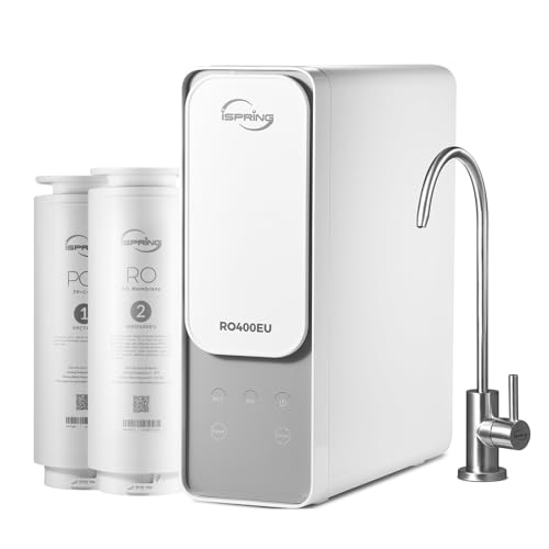 iSpring RO400EU 400GPD Filtro de água por osmose reversa, filtro de água debaixo do lava-loiças, 2:1 puro para drenagem, redução eficaz de TDS, sistema de osmose reversa, sem tanque