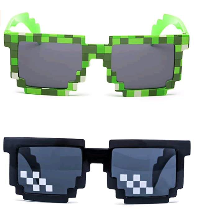 2 pcs Thug Life Sunglasses Mosaic Pixel Sunglasses Adult Kids Party Favors（Green,Black）…