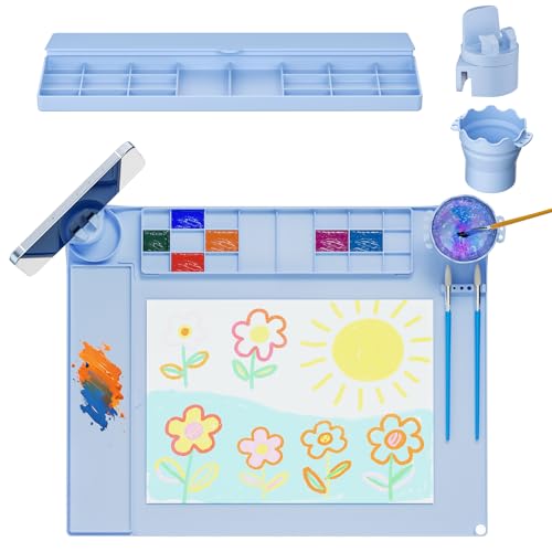 Silicone Art Mat for Kids Silicone Painting Mat Silicone Painting Station with Detachable Cup Palette with Lid &360Phone Holder Craft Mat for Kid Paint Mat with Bulit-in Brush Rest&Ruler 20X16 Blue