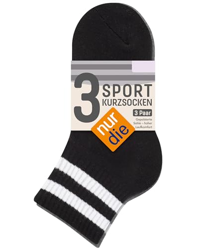 Nur Die 3er Pack kurze Retro Tennissocken Sport Socken mit Streifen aus atmungsaktiver Baumwolle Damen, schwarz/grau, 35-38