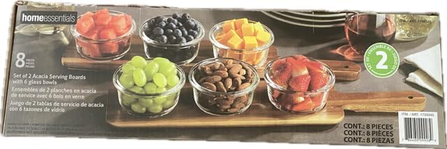 Home Essentials set of 2 Acacia Serving Boards with 6 Glass Bowls