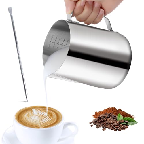 VFANDV Jarra Leche Barista 304 Acero Inoxidable, 900ML Jarra de Espuma de Leche, Jarra de Leche con Medición e Lápiz Decorador Para Espresso, Taza de Café para Espumar, Jarra Cafe para Espresso